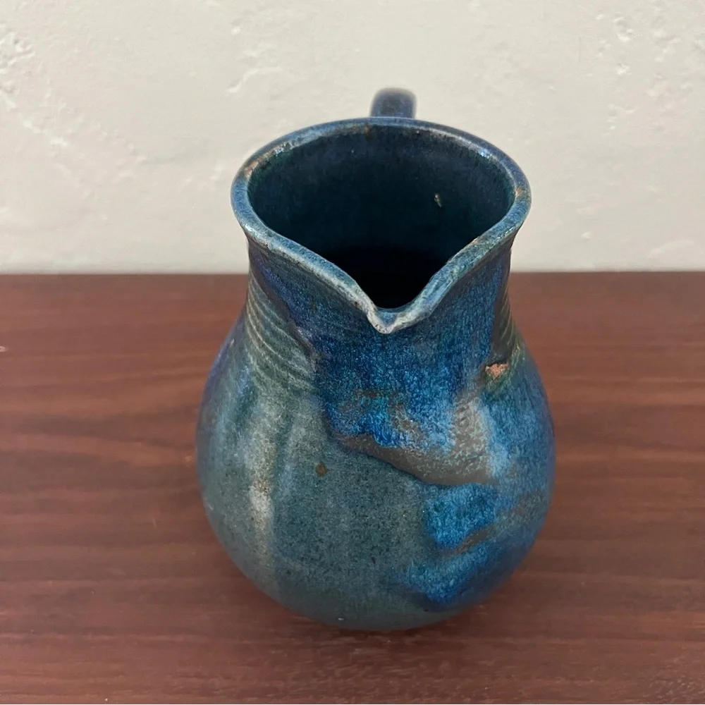 Mid century signed Wabi sabi studio pottery blue green stoneware pitcher vase